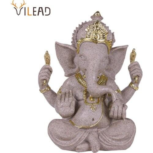 VILEAD Nature Sandstone India Elephant God Statuettes Indian Ganesha Figurines Hindu Fengshui Elephant-Headed God Buddha