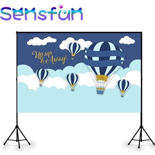 Up Up Away Photo Background Photocall Blue Sky White Clouds Hot Air Balloons Newborn Baby Shower Backdrop for Photo Studio Vinyl