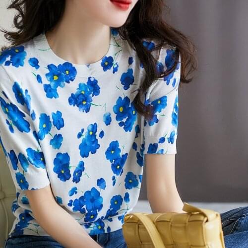 Women Blue Floral O Neck Korean Fashion T-shirt White Sweet Lady Knitted Basic T Shirt Short Sleeve Summer Elgegant Casual Tops