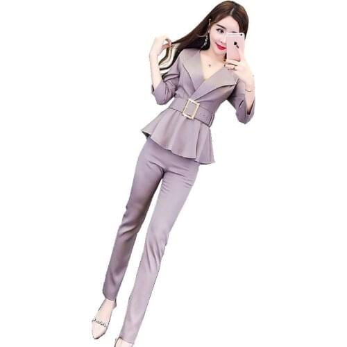 Women pant Suits 2019 Spring Autumn Female Solid Slim Temperament Blazer Clothing Set Blazer+Pants Two-piece Suit Trousers W866