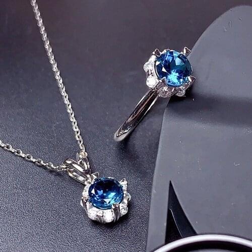 Chic Blue Crystal Topaz Gemstones Diamonds Rings Pendant Necklaces Jewelry Sets for Women White Gold Silver Color Bijoux Gifts