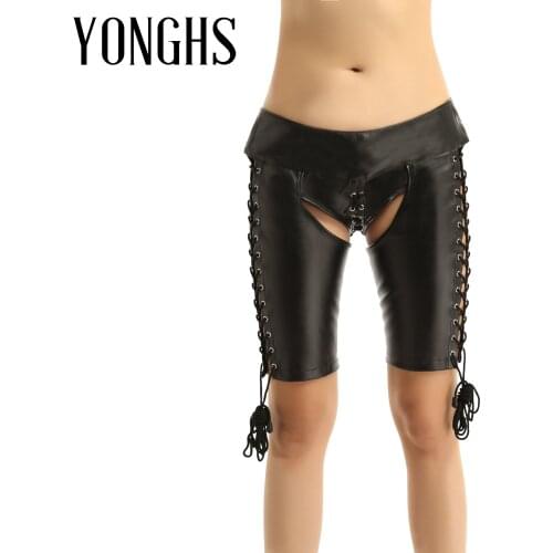 Womens Lingerie Crotchless Shorts Hollow Out Lace-up Mid Waist PU Leather Erotic Sexy Short Pants Trousers for Nightclub Bar