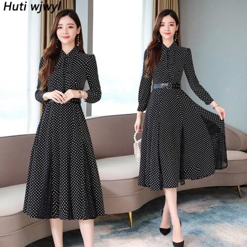 2021 Femal Vintage Black Dot Boho Midi Dress Autumn Winter New Lace Sexy Long Sleeve Dress Elegant Women Bodycon Party Vestidos
