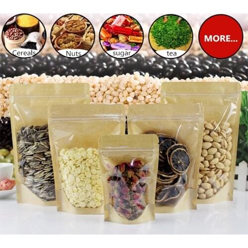 50pcs/lot One Side Clear Kraft Paper Ziplock Bag Snack Nuts Beans Packaging Paper Gift Bag Clear Front Plastic Bags