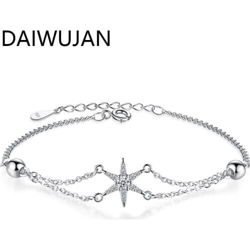 DAIWUJAN Double-Layer Cubic Zirconia Star Bracelets For Women Bohemian 925 Sterling Silver Beads Chain Bracelet Beach Jewelry