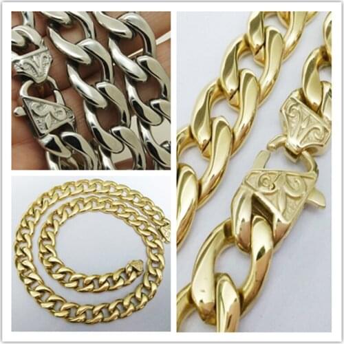 High Polished 7-40" 316L Stainless Steel 15MM Silver/Gold color NK Curb Cuban Chain For Cool Mens Necklace