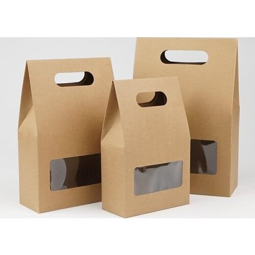 DHL Stand Up 10*6*16cm 150Pcs/Lot Brown Kraft Paper Gift Pack Handle Box With Rectangle Clear Window For Nut Candy Package Box