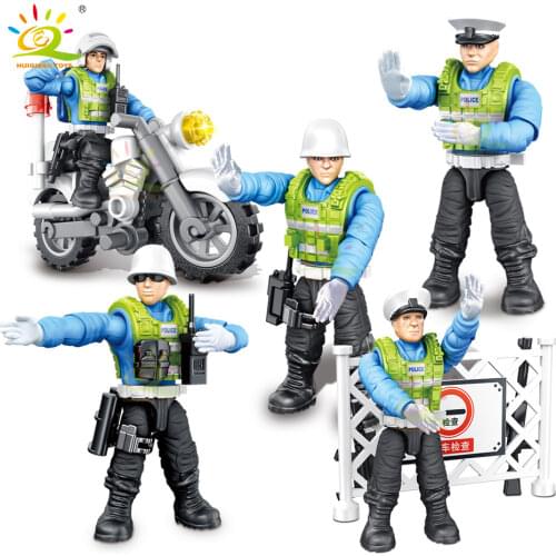 HUIQIBAO TOYS 6Pcs City Hero traffic Police Action Figures Building Blocks Bricks set Diy Creator policeman toy for Kid Children
