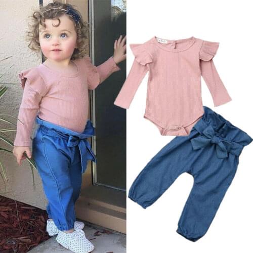 New Baby Girl Clothes Girls Tops Kids Romper Baby Long Flying Sleeve Bodysuit+ Denim Pants Outfit Autumn Set Baby Clothing