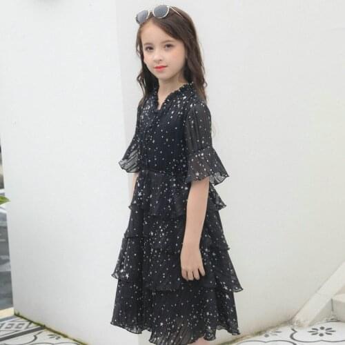Dirndl girls costumes elegant black chiffon long dress print dress party dress 8 10 12 13 14 15 years
