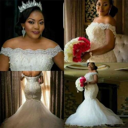 Bateau Short Sleeves Lace Mermaid Wedding Dresses Beaded Lace Up Back Bridal Gowns Plus Size African Style Luxurious