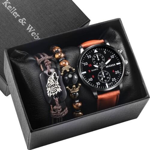 Fashion Watch Gift Set Men Brown Quartz Clock High Quality Leather Band Mens Wrist Bracelet chain Birthday Gifts Box for Friend