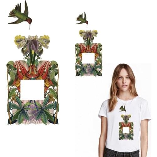 Vogue Bottle Iron On Patches Heat Transfers Sticker Bird&Green Design Patches On Clothes DIY Washable Decoration Accessory Patch