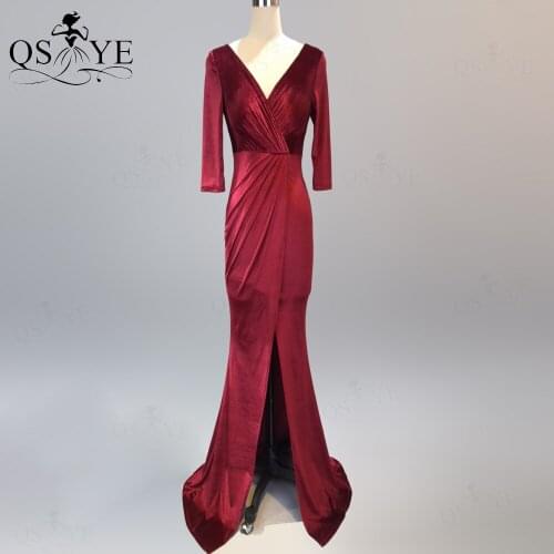 Burgundy Evening Dresses Long Sleeves Mermaid Velvet Prom Gown Sexy V Neck Party Dress Ruched Red Formal Dress Open Back