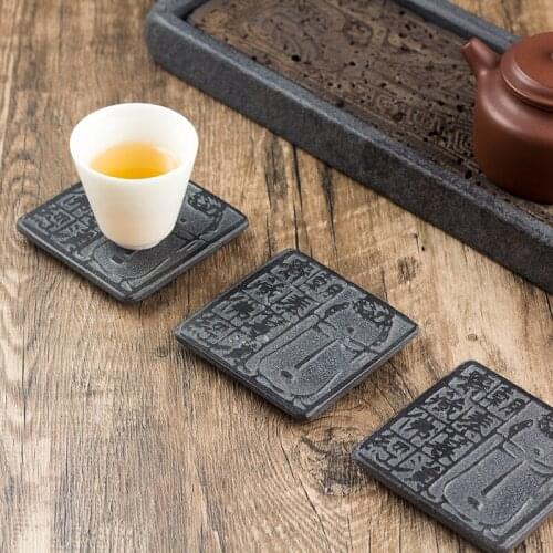 Black Stone Coasters Drink Coasters Buddha Reliefs Cup Mat Nature Decoration Table Accessories Cultural Gift Tea Set 1pcs