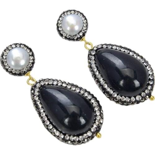 JK White Natural Pearl Black teardrop Sea Shell Pearl Cz pave Earrings