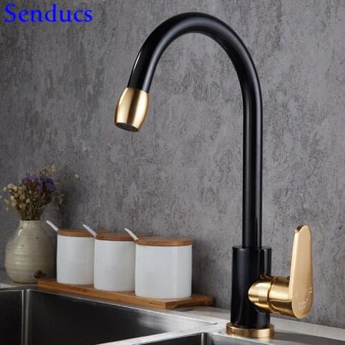 Senducs Black Gold Kitchen Mixer Tap Single Handle Space Aluminum Kitchen Sink Faucet Deck Mounted Aluminum Kitchen Faucets