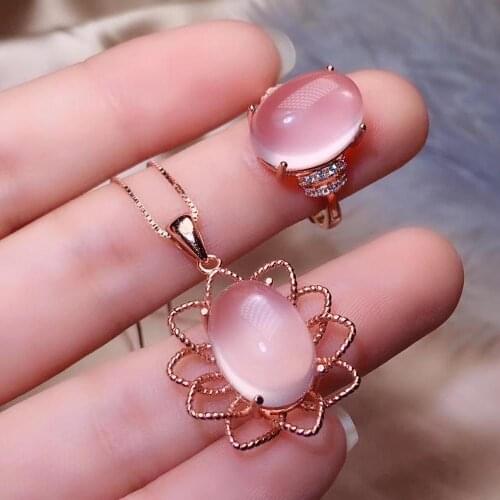 Super Top Quality Rose Quartz Jewelry Set Natural And Real Rose Quartz Set 925 Sterling Silver 1pc Ring,1pc Pendant