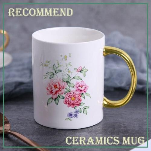 Creative Nordic Mug peony Ins golden Handgrip Cups Ceramics Mugs Coffee Mug Milk Tea Cups Drinkware friends mug Gift KTZW-022