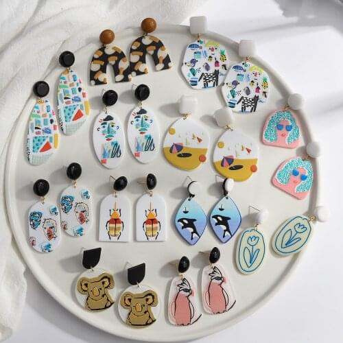AENSOA 13 Colors Summer Multiple 2021 Korea Abstract Animal Portrait Figure Print Earring Unique Geometric Pendant Women Earring