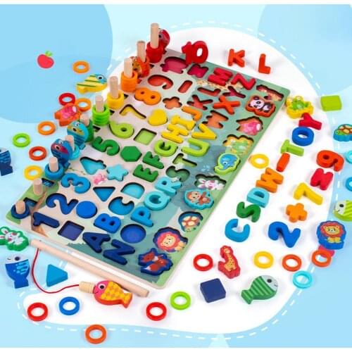 3D Preschool Children Educational Toys Wooden Montessori Arithmetic Magnetic Fishing Digital Shape Matching Building Block Toys