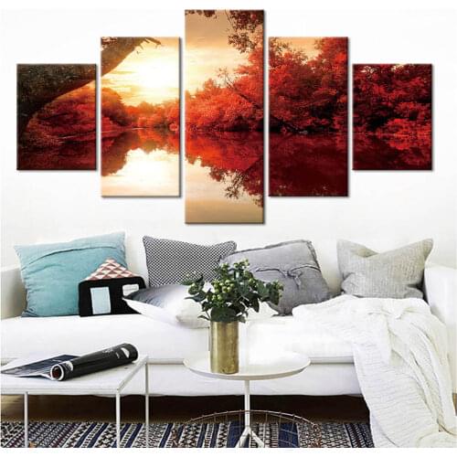 Red Maple Leaf Picture 5 Pieces Natural Lake Scenery Canvas Posters Wall Art Painting for Living Room Home Decoration