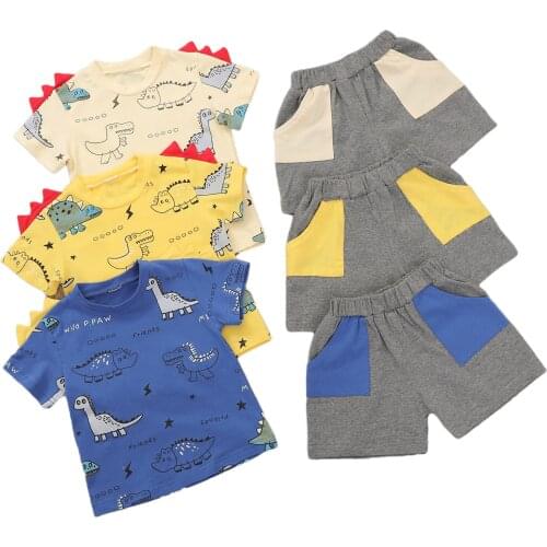 Citgeett Summer Kids Baby Boys Outfits Set Dinosaur Printed Neck T-shirt Shorts Pocket Clothes Set