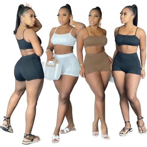 Summer Women Solid Color 2 Pieces Sets Pleated Spaghetti Strap Crop Tops Casual Short Camisole Mini Folds Slim Shorts Outfits