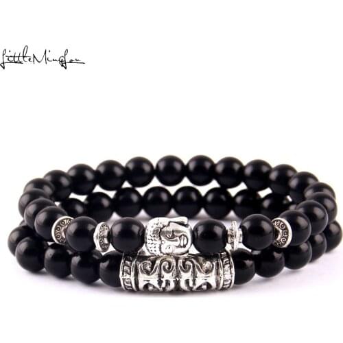 Little MingLou 2 pcs/set Buddha Head Lava Turquoises Natural Stone Beads Men Bracelet Set Charm bracelets bangles