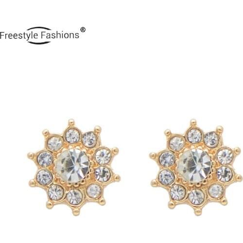 Fashion trendy round flower crystal stone Zinc alloy stud earrings for women