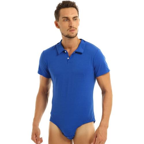 Men Sissy One-Piece Lingerie Romper Pajamas Short Sleeve Turn-Down Collar Press Button Crotch Shirt Bodysuit Sleepwear Nightwear