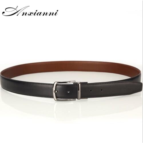 Anxianni mens belt, leather pin buckle business belt 105-125cm for men, black and brown