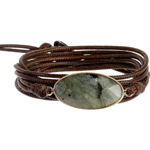 Oval Labradorite Beads Wrap Bracelet Simple Style Vegan Wax Big Natural Stone Charm Bracelets for Women Boho Jewelry Gift