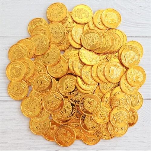 Pirate Gold Coins Plastic Set of 100,Play Gold Treasure Coins for Play Favor Party Supplies, Pirate Party, Treasure Hunt Game an