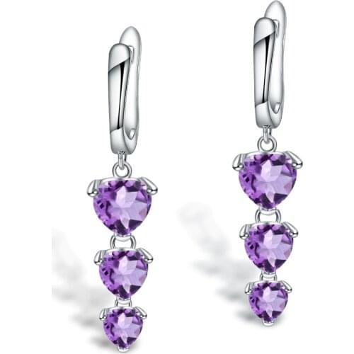 GEMS BALLET 4.86Ct Natural Amethyst Gemstone Drop Earrings 925 Sterling Silver Three Love Heart Earrings for Women Fine Jewelry