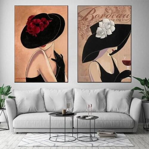 Modern Elegant Lady Top Hat Girl Canvas Painting Posters and Prints Wall Art Picture for Cafe Bar Living Room Home Decor Cuadros