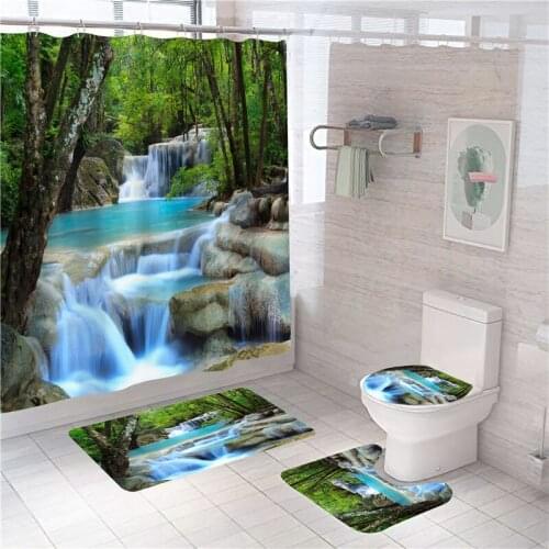 Waterfall Scenery Shower Curtain 3pcs/4pcs Set Polyester Bathroom Partition Bathtub Screen Hd Casual Landscape Mat Set Rugs Home
