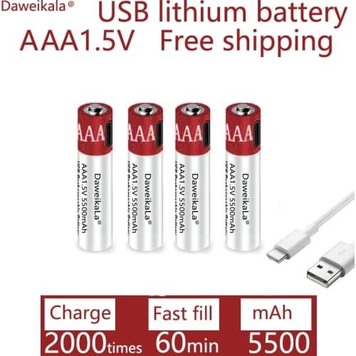 Charger free large capacity 1.5V AAA 5500mah USB rechargeable lithium ion battery for remote control wireless mouse + cable