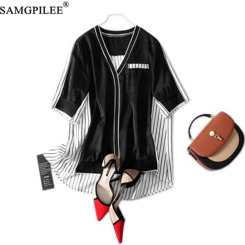 Summer Blouse For Women 2021 New Korean Style Office Lady Striped V-neck Half Sleeve Pockets Casual Oversized Tops Woman 4XL