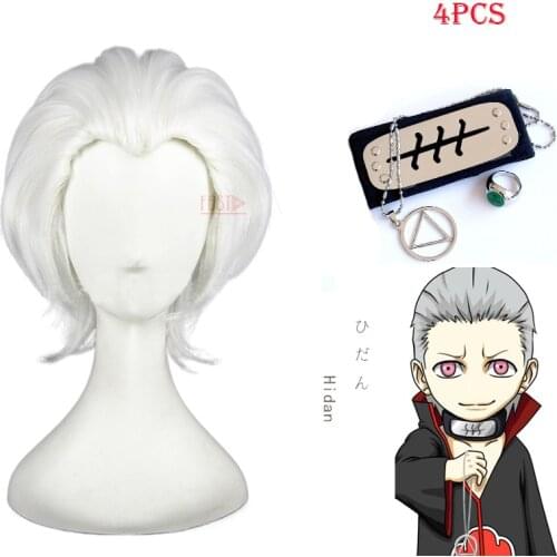 Anime Boruto Character Hidan Cosplay White Short Wig Headband Ring Necklace Ninja Props Heat-resistant Hair + Wig Cap Woman Man