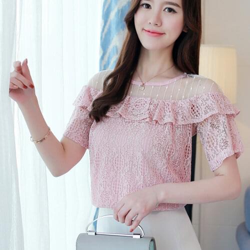 2019 New Hollow out Off shoulder Cropped Women Shirts Short Sleeve Flower Printed Lace Casual Ruffle blouses Tops 821i