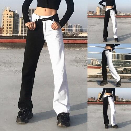 Womens Fashion Contrast Color Stitching Straight and Thin All-Match Jeans Black