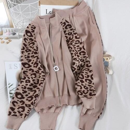 New Woman Tracksuit Clothes 2020 New Spring Autumn Leopard Patchwork Two Piece Set Women Long Pant Knitted Sportsuit Outfit