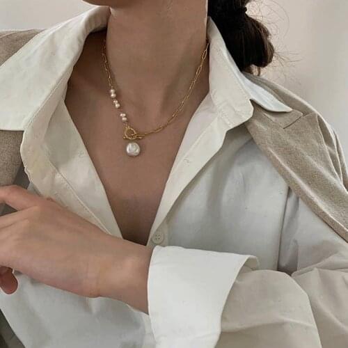 LOVOACC Luxury Asymmetric Irregular Pearl Necklace for Women Femme Gold Color Linked Chain Toggle Clasp Circle Chokers Necklaces
