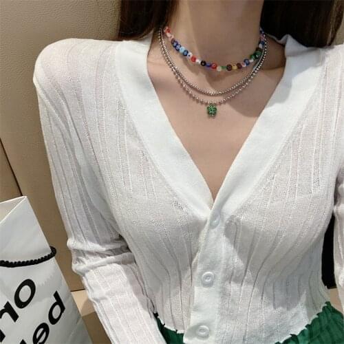 Origin Summer Statement Multi-layer Colored Glaze Flowers Pendant Necklace for Women Trendy Round Beaded Chain Necklace Jewelry
