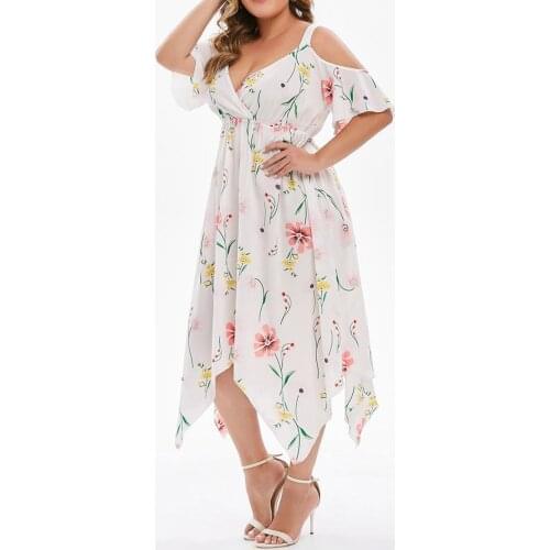 XL-5XL Plus Size Fashion Women Floral Printed Short Sleeve V-Neck Cold Shouder Dress Casual dress Floral dress summer women 2021