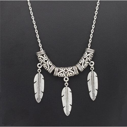 2021 Fashion Vintage Handmade Antique Silver Color Feather Pendant Necklace Boho Jewelry Fit Women Gift