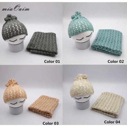 4sets/lot Slub Yarn Handcrochet Alike Knitted Stretchable Solid Color Pointelle Baby Wrap and hat New Born Photo Scarf With Hap