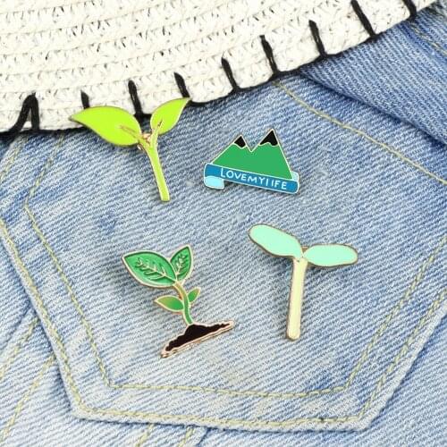 Green Cartoon Plant Seedling Leaf Enamel Pin Metal Leaves Plants Mountain Pins Brooches Women Men Badges Jewelry Friends Gifts