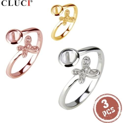 CLUCI 3pcs Silver 925 Zircon Flower Ring for Anniversary Women 925 Sterling Silver Adjustable Cute Butterfly Ring SR2051SB